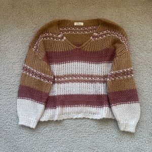 Elan Striped V Neck Balloon Sleeve Sweater Small